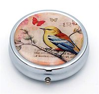 Art Pill Box with 3 Large Compartments 2 or 3 Times a Day AM PM Portable Travel Pill Organizer Round Silver Metal Pill Case Medicine Holder Container Jewelry Box for Purse Pocket (Bird)