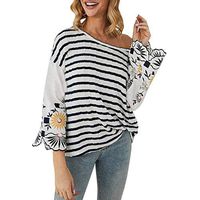 Buedvo Women's StripedLarge Round Neck Horn Bell Sleeve Long-Sleeved Embroidered Shirt Shirt Sportswear Off-Shoulder Long Sleeved Pullover Sweatshirt (L, Blue)