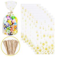 50pcs Christmas Cellophane Treat Bags Snowflake Candy Bags Goodies Bags with 50pcs Twist Ties 6X10inches Packaging Bags for Christmas Party, Gift Wrapping, Bakery, Cookie, Candies, Dessert