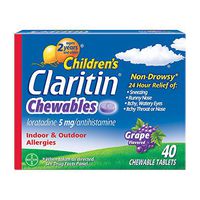 Claritin Children's 24 Hour Chewable Allergy Medicine for Kids, Non-Drowsy Allergy Relief, Loratadine Antihistamine, Grape Flavored Tablets, 40 Count