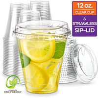 12 oz. Clear Cups with Strawless Sip-Lids, [50 Sets] PET Crystal Clear Disposable 12oz Plastic Cups with Lids