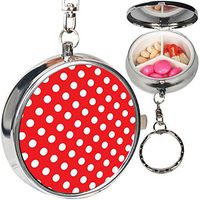 Portable Metal Pill Organizer Keychain Case Stash Box with 3 Compartments for Medicine Vitamin (White Polka Dot Red)