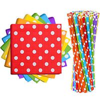 Cooraby 120 Pieces Multicolor Dots Party Supplies Tableware 60 Pieces Cocktail Paper Napkin and 60 Pieces Drinking Biodegradable Paper Straws Party Supplies, Birthday Party