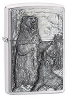 Zippo Bear vs Wolf Emblem Design Brushed Chrome Lighter