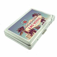 Cigarette Case with Built in Lighter Vintage Las Vegas Gamble S10 Smoking King Size Cigarettes Silver Metal Wallet 4" X 2.75" RFID Protection Classic Strip