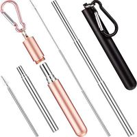 Collapsible Reusable Straws Stainless Steel Straws Metal Straw Telescopic Straw with Case Food Grade Foldable Collapsible Straw with Cleaning Brush Dishwasher Safe Drinking Straw Set (Black+Golden)