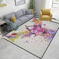 YucouHome Indie Striped Bath Mats for Floors, Artistic Colorful Deer Portrait with Color Splashes and Various Flowers on The Horns, Fashionable High Class Living Dinning Room(8'x 10') Multicolor