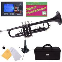 Mendini MTT-BK Black Lacquer Brass Bb Trumpet + Tuner, Case, Stand, Mouthpiece, Pocketbook & More