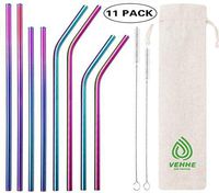 VEHHE Reusable Straws 8 Set Multi Color Stainless Steel Straws - Cleaning Brush for 20 Oz (Rainbow: 8.5 inch + 10.5 inch)