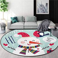 RUGSMAT Christmas Small Round Rug Carpet,Cheerful Merry Xmas Illustration with A Bird and Snowman Fun Winter Celebration Door Mat Indoors Bathroom Mats Non Slip,Round-59 Inch Blue White