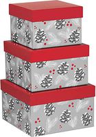 Rustic Pearl Collection Christmas Nested Gift Boxes with Lids, Set/3 - Silver Pine Cone and Red Berries