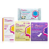 Maxim Organic Cotton Tampons with Applicator, Contour Maxi Pad with Wings Panty Liners and Feminine Wipes Combo Pack Chlorine/Dioxin/Chemical Free 4 Pack, 70 Count