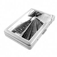 Cigarette Case with Built in Lighter Vintage Train Station Locomotive S10 Smoking King Size Cigarettes Silver Metal Wallet 4" X 2.75" RFID Protection Retro Classic Depot