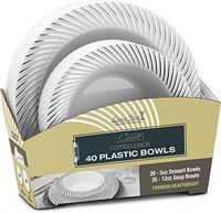 Laura Stein Designer Dinnerware Set | 40 Disposable Plastic Party Bowls | White Wedding Bowl with Silver Rim | Set Includes 20 x 12 oz Soup Bowls + 20 x 5 oz Dessert Bowls | Curve Series