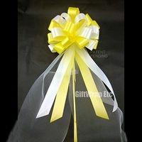 Yellow and White Pull Bows with Tulle Tails - 8" Wide, Set of 6, Healthcare Workers Support Ribbon, Wedding Pew Bows, Reception, Aisle Decoration, Anniversary, Birthday, Summer Decor, Easter