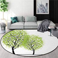 Tree Of Life Modern Machine Washable Round Bath Mat,Green Spring Trees With Birds Sitting On The Branch Chic Season Life Non-Slip Living Room Soft Floor Mat Diameter-55 Inch,Green Black Blue