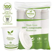 FEEDMI Paper Coffee Cups with Lids - 100% Compostable Eco-friendly 12 oz PLA Lined Hot Cups & Lids - Set of 100