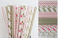 Gold and Pink Paper Straw Mix - Gingham, Polka Dots, Diamonds, Chevron, Stars (75)