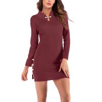Women Sexy Retro Cheongsam Knit Mini Dress Stand Collar Split Sheath Dresses (L, Wine Red)