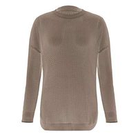 HNTDG Fashion Women Sexy Solid Color Knitted Pullover Long Sleeve Hollow Out Sweater Top Blouse Beige