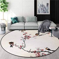 DESPKON-HOME Nature Round Area Rug,Birds On Cherry Tree Branches Summer Classic Oriental Artful Illustration Design Non-Slip Fabric Round Rugs for Bedroom Diameter-31 Inch,Ruby Light Caramel