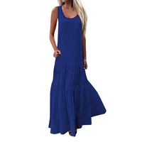 Sunhusing Women's Bohemian Casual Wind Long Maxi Dress Sleeveless Low Cut Ruffles Baggy Floor-Length Dress Blue