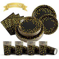 200Pcs Black and Gold Party Supplies - Gold Dot on Black Paper Plates and Napkins Cups Sets Serves 50 for Graduation Birthday Parties