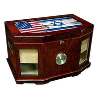 Large Premium Desktop Humidor - Glass Top - Flag of Israel (Israeli) - Wood with USA Flag - 300 Cigar Capacity - Cedar Lined with Two humidifiers & Large Front Mounted Hygrometer.