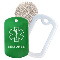 Seizures Medical Alert ID Necklace with Green Tag, White Silencer, and 30'' USA Chain - 154 Color Choices