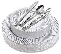 Silver Swirl Rim Plastic Dinnerware (125-Piece) Plastic Plates, Plastic Forks, Plastic Knives, Plastic Spoons - Service for 25 Guests Place Setting for Wedding, Party, Baby Shower, Birthday, Holiday