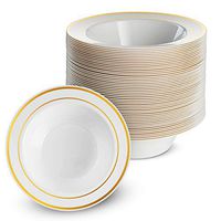100 Disposable White Gold Trim Plastic Dessert Bowls | SMALL 6 oz. Premium Heavy Duty Disposable Dinnerware with Real China Design | Safe & Reusable and Great for Parties (100-Pack) by Bloomingoods