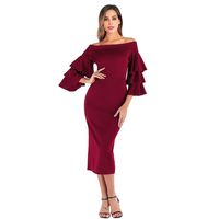 Sunhusing Ladies Sexy Off-Shoulder Multi-Layer Flare Sleeve Solid Color Sexy Bag Hip Mid-Length Split Dress(Wine,XL)