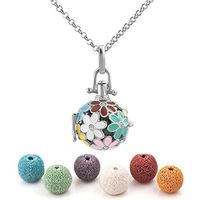 Third Time Charm Natural Lava Rock Stone Clolorful Flower Aromatherapy Essential Oil Diffuser Necklace Locket Pendant With 6 Lava Beads (Silver Plated)