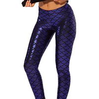 H.coosy practical;cozy Europe and the United States Mermaid fish scales multi-color multi-color bright leather leggings ML-2006 Blue XXL
