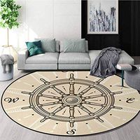 Ships Wheel Modern Machine Round Bath Mat,Retro Ship Wheel Antique Sailboat Navigation Tool Monochromic Nostalgic Print Non-Slip No-Shedding Kitchen Soft Floor Mat Round-51 Inch,Beige Brown