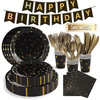351PCS Black and Gold Party Supplies Set Disposable Party Dinnerware Services 50 Including Banner, Plates, Cups, Napkins, Tablecloth, Spoon, Forks, and Knives for Birthday Wedding Graduation Cocktail