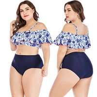 Gojendy Women's Fashion Floral Printed Two Pieces Swimsuit Spaghetti Off Shoulder Ruffled Flounce Queen Plus Size (XL, Blue)