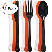 Tiger Chef 72-Piece Black Orange and White Halloween Flatware Party Supplies, Heavyweight Colored Plastic Silverware Includes 24 Forks, 24 Teaspoons, and 24 Knives (Halloween, 72)