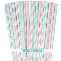 Pink and Mint Paper Straws - Stripe Chevron - 7.75 Inches - Pack of 100