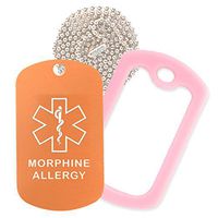 Morphine Medical Alert ID Necklace with Copper Tag, Pink Silencer, and 30'' USA Chain - 154 Color Choices