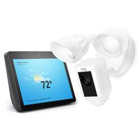 Ring Floodlight Camera Motion-Activated HD Security Cam Two-Way Talk and Siren Alarm - White with Echo Show (2nd Gen) - Charcoal