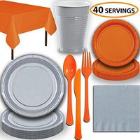 Disposable Party Supplies, Serves 40 - Silver and Orange - Large and Small Paper Plates, 12 oz Plastic Cups, Heavyweight Cutlery, Napkins, and Tablecloths. Full Two-Tone Tableware Set