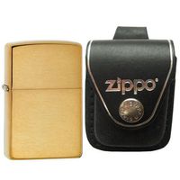 Zippo 168 Armor Brushed Brass Plain Windproof Pocket Lighter with Zippo Black Leather Loop Pouch