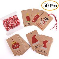 KUUQA 50 Pieces Kraft Paper Christmas Gift Tags for Christmas Gift Wrapping Label with Hanging Rope, 5 Different Design