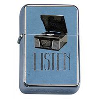 Silver Flip Top Oil Lighter Vintage Poster D-037 Listen Retro Vinyl Record Player