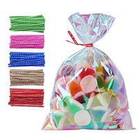 100 Pack Iridescent Holographic Cellophane Party Favor Treat Bags with 5 Colors Twist Ties Good for Themed Celebrations Baby Showers Weddings Girls Birthday Party Supplies (5" x 7")