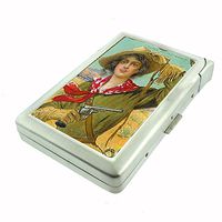 Perfection In Style Metal Cigarette Case with Built in Lighter Vintage Cowgirl Design 001