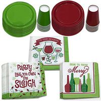 Christmas Party Supplies Dinnerware Set - Serves 16 - Includes 16 Red & Green Disposable Plates and Cups, and 48 Cocktail Napkins for Christmas Themed Parties