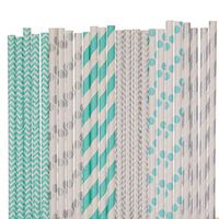 Silver and Aqua Blue Paper Straw Mix - Silver, Aqua Blue - Polka Dot, Striped, Chevron (100)