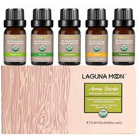 Lagunamoon Essential Oils Gift Set with Top 5 USDA Certified Organic Essential Oil - Tea Tree Lemongrass Lemon Peppermint Rosemary for Diffuser, Humidifier, Massage, Aromatherapy, Skin & Hair Care
